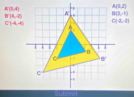 A'(0,4)
B'(4,-2)
C'(-4,-4)
C(-2,-2)