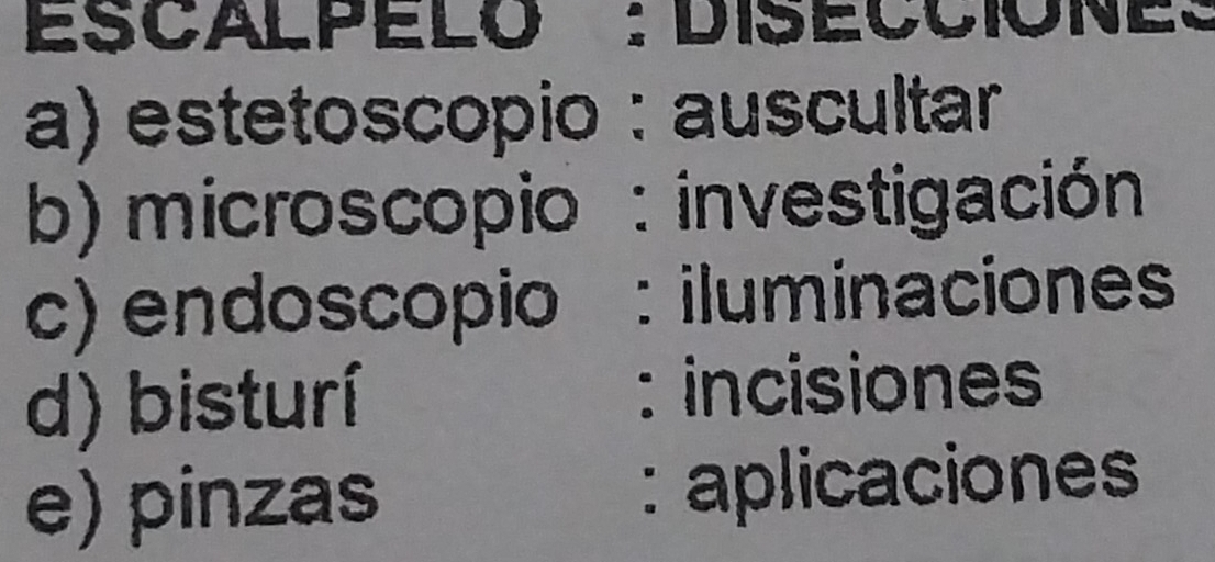 ESCALPELó : DISECCiónES 
a) estetoscopio: auscultar 
b) microscopio : investigación 
c) endoscopio : iluminaciones 
d) bisturí : incisiones 
e) pinzas : aplicaciones