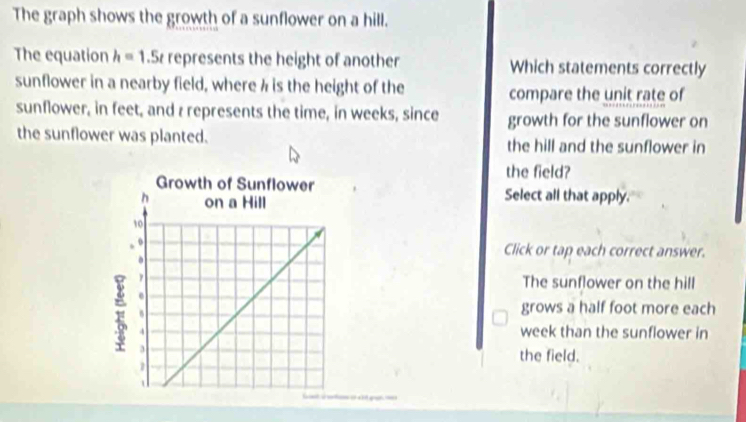 The graph shows the growth of a sunflower on a hill.
The equation h=1.5t represents the height of another Which statements correctly
sunflower in a nearby field, where h is the height of the compare the unit rate of
sunflower, in feet, and r represents the time, in weeks, since growth for the sunflower on
the sunflower was planted. the hill and the sunflower in
the field?
Select all that apply.
Click or tap each correct answer.
The sunflower on the hill
grows a half foot more each
week than the sunflower in
the field.