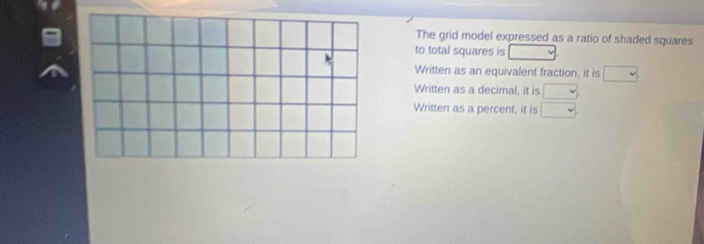 The grid model expressed as a ratio of shaded squares
to total squares is □ 
Written as an equivalent fraction, it is □
Written as a decimal, it is □
Written as a percent, it is □