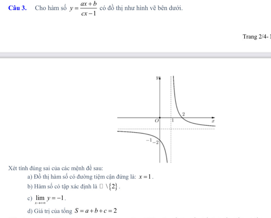 Cho hàm số y= (ax+b)/cx-1  có đồ thị như hình vẽ bên dưới. 
Trang 2/4- 1
Xét tính đúng sai của các mệnh đề sau: 
a) Dhat o thị hàm số có đường tiệm cận đứng là: x=1. 
b) Hàm số có tập xác định là □ vee  2. 
c) limlimits _xto +∈fty y=-1. 
d) Giá trị của tổng S=a+b+c=2