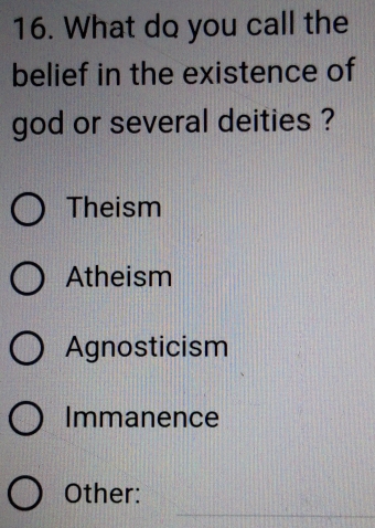 What do you call the
belief in the existence of
god or several deities ?
Theism
Atheism
Agnosticism
Immanence
_
Other: