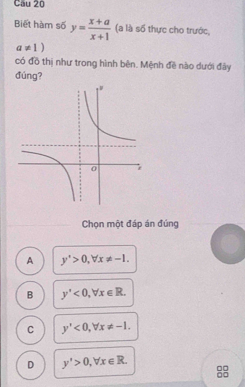 Biết hàm số y= (x+a)/x+1  (à là số thực cho trước,
a!= 1)
có đồ thị như trong hình bên. Mệnh đề nào dưới đây
đúng?
Chọn một đáp án đúng
A y'>0, forall x!= -1.
B y'<0</tex>, forall x∈ R.
C y'<0</tex>, forall x!= -1.
D y'>0, forall x∈ R.