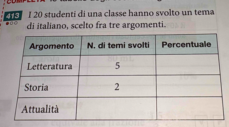 COMP
28 I 20 studenti di una classe hanno svolto un tema 
di italiano, scelto fra tre argomenti.