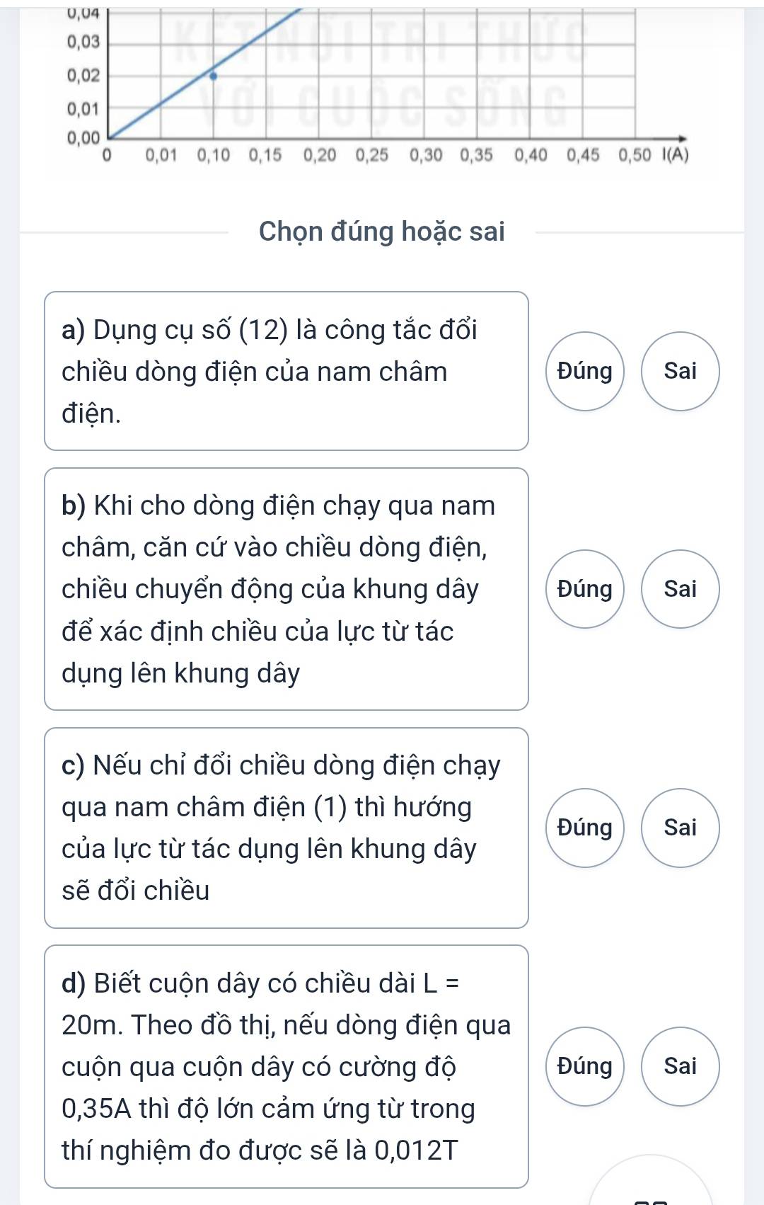 0,04
Chọn đúng hoặc sai 
a) Dụng cụ số (12) là công tắc đổi 
chiều dòng điện của nam châm Đúng Sai 
điện. 
b) Khi cho dòng điện chạy qua nam 
châm, căn cứ vào chiều dòng điện, 
chiều chuyển động của khung dây Đúng Sai 
để xác định chiều của lực từ tác 
dụng lên khung dây 
c) Nếu chỉ đổi chiều dòng điện chạy 
qua nam châm điện (1) thì hướng 
Đúng Sai 
của lực từ tác dụng lên khung dây 
sẽ đổi chiều 
d) Biết cuộn dây có chiều dài L =
20m. Theo đồ thị, nếu dòng điện qua 
cuộn qua cuộn dây có cường độ Đúng Sai
0,35A thì độ lớn cảm ứng từ trong 
thí nghiệm đo được sẽ là 0,012T