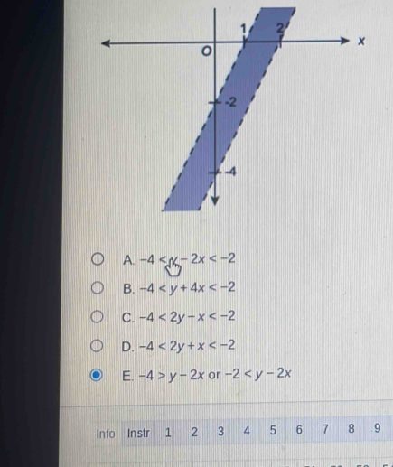 A. -4
B. -4
C. -4<2y-x<-2
D. -4<2y+x
E. -4>y-2x or -2
Info Instr 1 2 3 4 5 6 7 8 9