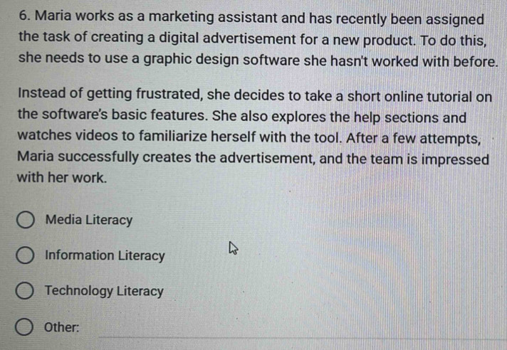 Maria works as a marketing assistant and has recently been assigned
the task of creating a digital advertisement for a new product. To do this,
she needs to use a graphic design software she hasn't worked with before.
Instead of getting frustrated, she decides to take a short online tutorial on
the software's basic features. She also explores the help sections and
watches videos to familiarize herself with the tool. After a few attempts,
Maria successfully creates the advertisement, and the team is impressed
with her work.
Media Literacy
Information Literacy
Technology Literacy
_
Other: