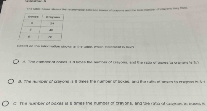 The table below shows the relationship between boxes of crayons and the total number of crayons they hold.
Based on the information shown in the table, which statement is true?
A. The number of boxes is 8 times the number of crayons, and the ratio of boxes to crayons is 8:1.
B. The number of crayons is 8 times the number of boxes. and the ratio of boxes to crayons is 8:1.
C. The number of boxes is 8 times the number of crayons, and the ratio of crayons to boxes is