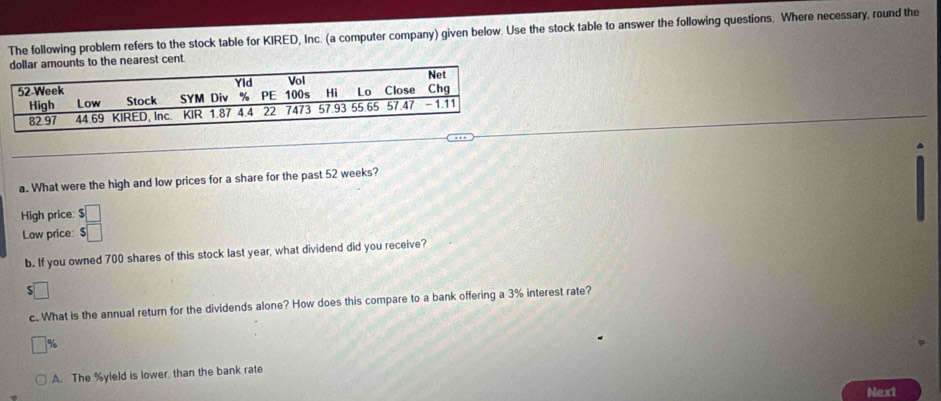 The following problem refers to the stock table for KIRED, Inc. (a computer company) given below. Use the stock table to answer the following questions. Where necessary, round the
arest cent.
a. What were the high and low prices for a share for the past 52 weeks?
High price: 5□
Low price: $□
b.. If you owned 700 shares of this stock last year, what dividend did you receive?
□ 
c. What is the annual return for the dividends alone? How does this compare to a bank offering a 3% interest rate?
%
A. The % yield is lower. than the bank rate
Next