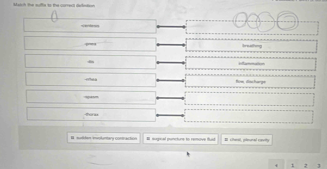 Match the suffix to the correct definition
-centesis
-pnea breathing
-5
inflammation
-rrhea flow, discharge
-spasm
-thorax
: sudden involuntary contraction * sugical puncture to remove fluid chest, pleural cavity
1 2 3