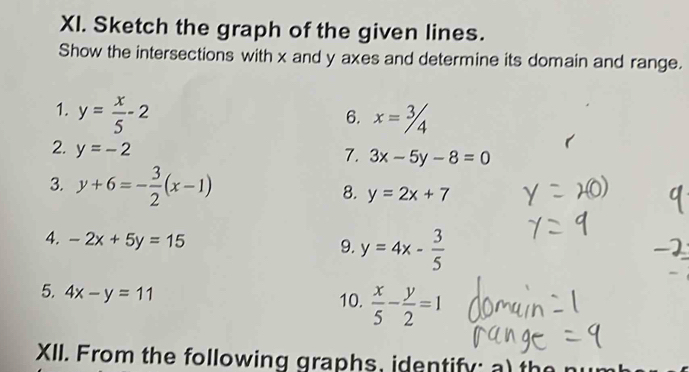 Sketch the graph of the given lines. 
Show the intersections with x and y axes and determine its domain and range. 
1. y= x/5 -2 x=3/4
6. 
2. y=-2
7. 3x-5y-8=0
3. y+6=- 3/2 (x-1)
8. y=2x+7
4. -2x+5y=15
9. y=4x- 3/5 
5. 4x-y=11
10.  x/5 - y/2 =1
XII. From the following graphs, identify: a the