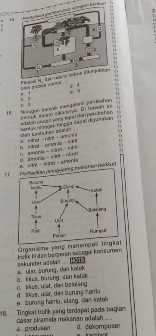 Perhatikan gambar daur nitrogen berikut!
k
.
Fiksasi N_2
oleh proses nomor
a， 1 d. 4
b. 2 e. 5
c. 3
16. Nitrogen banyak mengalami perubahan
bentuk dalam siklusnya. Di bawah ini
adalah urutan yang tepat dari perubahan
bentuk nitrogen hingga dapat digunakan
oleh tumbuhan adalah ....
a. nitrat - nitrit - amonia
b. nitrat - amonia - nitrit
c. amonia - nitrat - nitrit
d. amonia - nitrit - nitrat
e. nitrit — nitrat - amonia
17.ring makanan berikut!
Organisme yang mene
trofik III dan berperan sebagai konsumen
sekunder adalah .... HOTS
a. ular, burung, dan katak
b. tikus, burung, dan katak
c. tikus, ulat, dan belalang
d. tikus, ular, dan burung hantu
e. burung hantu, elang, dan katak
18. Tingkat trofik yang terdapat pada bagian
dasar piramida makanan adalah ....
a. produsen d. dekomposer