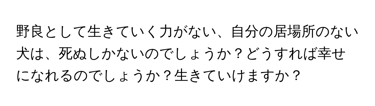 野良として生きていく力がない、自分の居場所のない犬は、死ぬしかないのでしょうか？どうすれば幸せになれるのでしょうか？生きていけますか？