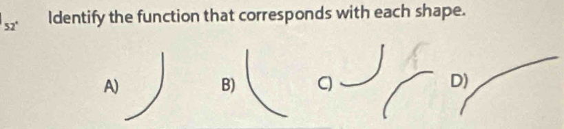 52° Identify the function that corresponds with each shape. 
A) 
B) 
C 
D)