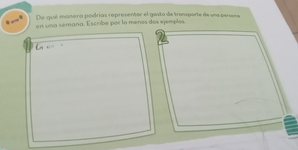 De qué manera podrías representar el gasto de transporte de una persona 
en una semana. Escribe por lo menos dos ejemplos. 
ln on