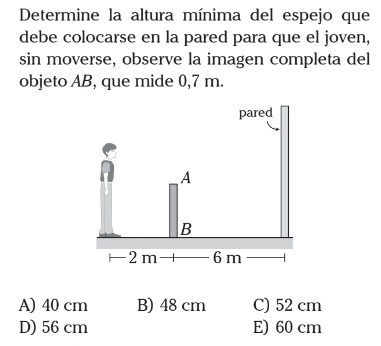 Determine la altura mínima del espejo que
debe colocarse en la pared para que el joven,
sin moverse, observe la imagen completa del
objeto AB, que mide 0,7 m.
pared
A
B
2 m 6 m
A) 40 cm B) 48 cm C) 52 cm
D) 56 cm E) 60 cm