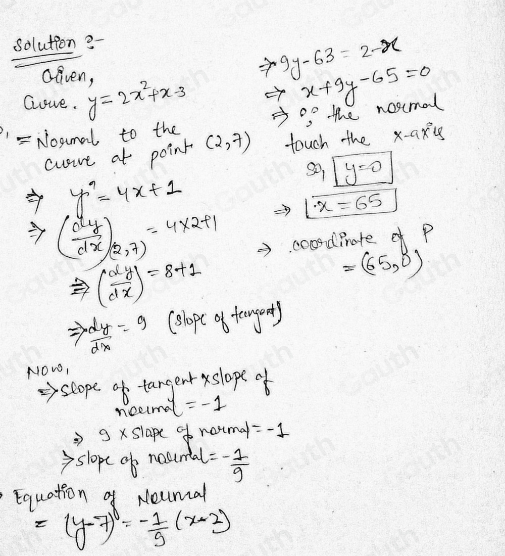 Solved: The normal to the curve y=2x^2+x-3 at the point (2,7) meets the ...