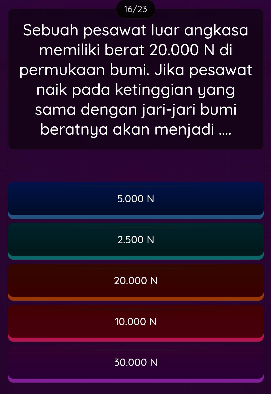 16/23
Sebuah pesawat luar angkasa
memiliki berat 20.000 N di
permukaan bumi. Jika pesawat
naik pada ketinggian yang
sama dengan jari-jari bumi
beratnya akan menjadi ....
5.000 N
2.500 N
20.000 N
10.000 N
30.000 N