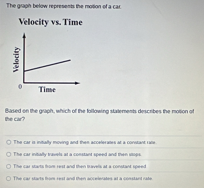 The graph below represents the motion of a car.
Velocity vs. Time
Based on the graph, which of the following statements describes the motion of
the car?
The car is initially moving and then accelerates at a constant rate.
The car initially travels at a constant speed and then stops.
The car starts from rest and then travels at a constant speed.
The car starts from rest and then accelerates at a constant rate