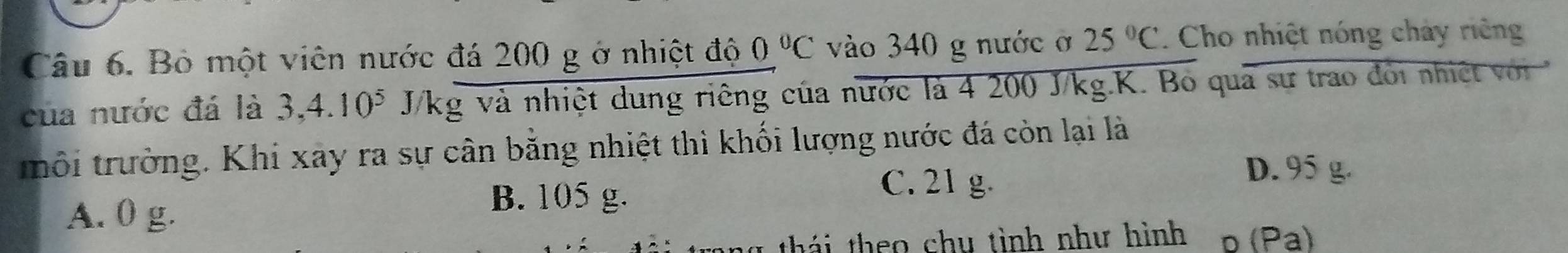 Bỏ một viên nước đá 200 g ở nhiệt độ 0°C vào 340 g nước ở 25°C. Cho nhiệt nóng chảy riêng
của nước đá là 3, 4.10^5 J/kg và nhiệt dung riêng của nước là 4 200 J/kg.K. Bó qua sư trao đổi nhi c 
rôi trưởng. Khi xây ra sự cân bằng nhiệt thì khối lượng nước đá còn lại là
C. 21 g.
D. 95 g.
A. 0 g.
B. 105 g.
ng thái theo chu tình như hình o (Pa)