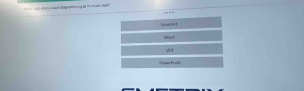 Which app does visual diagramming as its main task?
. .
SmartArt
Word
yEd
PowerPoint