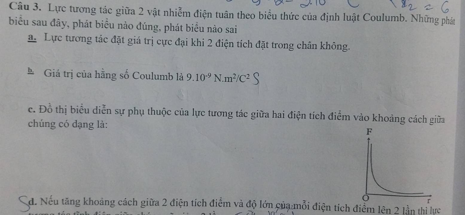 Lực tương tác giữa 2 vật nhiễm điện tuân theo biểu thức của định luật Coulumb. Những phát
biểu sau đây, phát biểu nào đúng, phát biểu nào sai
a. Lực tương tác đặt giá trị cực đại khi 2 điện tích đặt trong chân không.
* Giá trị của hằng số Coulumb là 9.10^(-9)N.m^2/C^2 | 
c. Đồ thị biểu diễn sự phụ thuộc của lực tương tác giữa hai điện tích điểm vào khoảng cách giữa
chúng có dạng là:
a. Nếu tăng khoảng cách giữa 2 điện tích điểm và độ lớn của mỗi điện tích điểm lên 2 lần thì lực