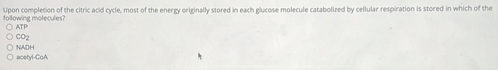 Upon completion of the citric acid cycle, most of the energy originally stored in each glucose molecule catabolized by cellular respiration is stored in which of the
following molecules?
ATF
CO_2
NADH
acetyl-CoA