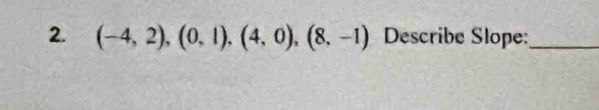 (-4,2),(0,1),(4,0),(8,-1) Describe Slope:_