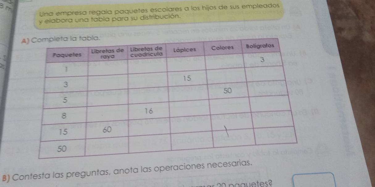 Una empresa regaía paquetes escolares a los hijos de sus empleados 
y elabora una tabla para su distribución. 
in 
B) Contesta las preguntas, anota las operaciones necesar 
p aauetes