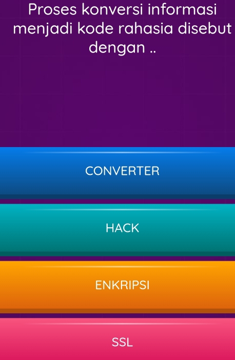 Proses konversi informasi
menjadi kode rahasia disebut
dengan ..
CONVERTER
HACK
ENKRIPSI
SSL