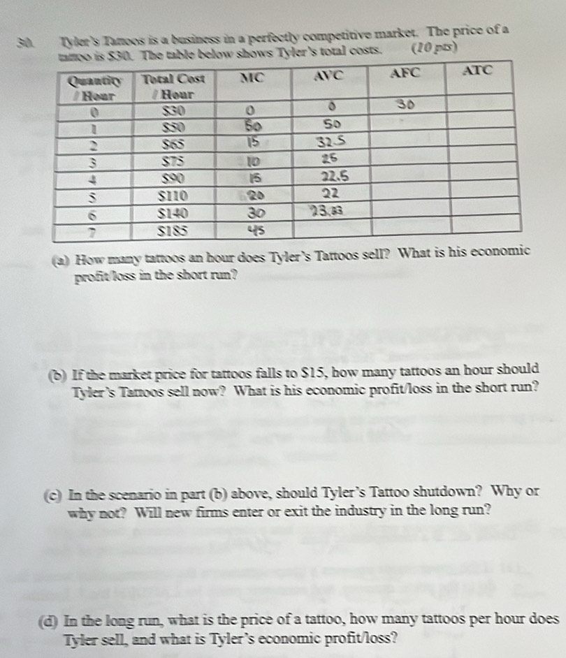 Tyler's Tamoos is a business in a perfectly competitive market. The price of a
er's total costs. (10 pts)
(a) How many tattoos an hour does Tyler’s Tattoos sell? What is his econo
profit/loss in the short run?
(b) If the market price for tattoos falls to $15, how many tattoos an hour should
Tyler's Tatoos sell now? What is his economic profit/loss in the short run?
(c) In the scenario in part (b) above, should Tyler’s Tattoo shutdown? Why or
why not? Will new firms enter or exit the industry in the long run?
(d) In the long run, what is the price of a tattoo, how many tattoos per hour does
Tyler sell, and what is Tyler’s economic profit/loss?