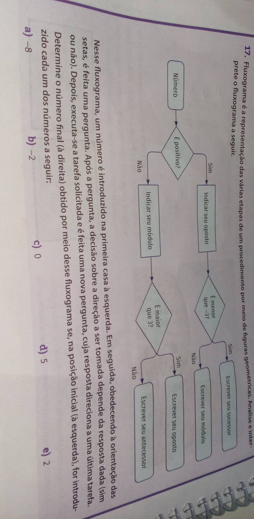 Fluxograma é a representação das várias etapas de um procedimento por meio de figuras geométricas. Analise e inter-
Nesse fluxograma, um número é introduzido na primeira casa à esquerda. Em seguida, obedecendo à orientação das
setas, é feita uma pergunta. Após a pergunta, a decisão sobre a direção a ser tomada depende da resposta dada (sim
ou não). Depois, executa-se a tarefa solicitada e é feita uma nova pergunta, cuja resposta direciona a uma última tarefa.
Determine o número final (à direita) obtido por meio desse fluxograma se, na posição inicial (à esquerda), for introdu-
zido cada um dos números a seguir:
d) 5 e) 2
a) -8
b) -2
c) 0