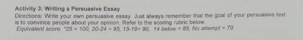 Activity 3: Writing a Persuasive Essay 
Directions: Write your own persuasive essay. Just always remember that the goal of your persuasive text 
is to convince people about your opinion. Refer to the scoring rubric below. 
Equivalent score: ^*25=100, 20-24=95, 15-19=90,. 14 below =85 , No attempt =70