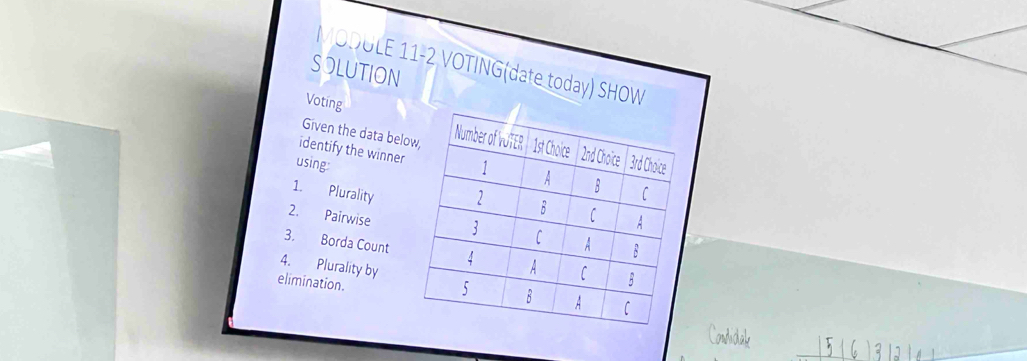 MODULE 11-2 VOTING(date today) SHOW
SOLUTION
Voting
Given the data bel
identify the winner
using:
1. Plurality
2. Pairwise
3. Borda Count
4. Plurality by
elimination.