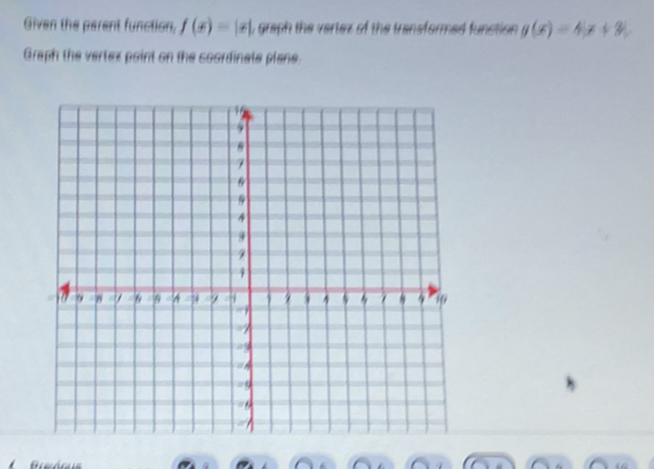 Given the perent function, f(x)=|x| , graph the vertex of the transformed function g(x)=4|x+3|. 
Graph the vertex point on the coordinate plane.