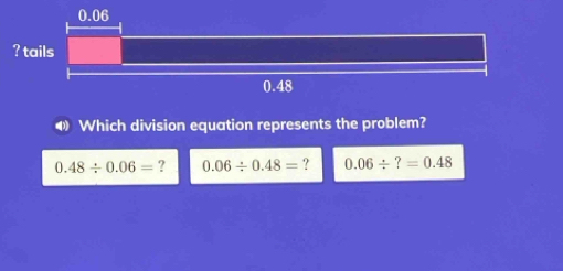 0.06
? tails
0.48
Which division equation represents the problem?
0.48/ 0.06= ? 0.06/ 0.48= ? 0.06/ ?=0.48