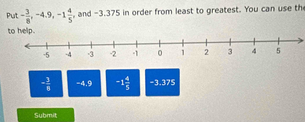 Put - 3/8 , -4.9, -1 4/5  , and -3.375 in order from least to greatest. You can use the
- 3/8  -4.9 -1 4/5  -3.375
Submit