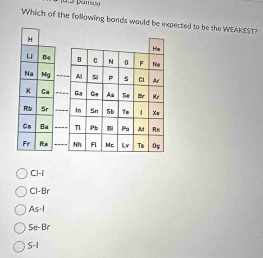 Which of the following bonds would be expected to be the WEAKEST?
H
He
Li Be B C N 0 F Ne
Na Mg _Al Si P s Cl Ar
K Ca _Ga Ge As Se Br Kr
Rb Sr _In Sn Sb Te 1 Xe
Cs Ba _T Pb Bi Po At Rn
Fr Ra _Nh Fl Mc Lv Ts Og
Cl-I
Cl-Br
As-I
Se-Br
S -1