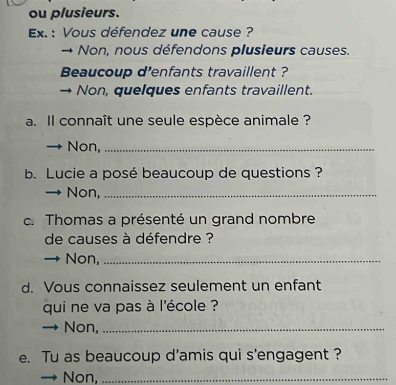 ou plusieurs.
Ex. : Vous défendez une cause ?
Non, nous défendons plusieurs causes.
Beaucoup d'enfants travaillent ?
Non, quelques enfants travaillent.
a. Il connaît une seule espèce animale ?
Non,_
b. Lucie a posé beaucoup de questions ?
Non,_
c. Thomas a présenté un grand nombre
de causes à défendre ?
Non,_
d. Vous connaissez seulement un enfant
qui ne va pas à l'école ?
Non,_
e. Tu as beaucoup d'amis qui s'engagent ?
Non,_