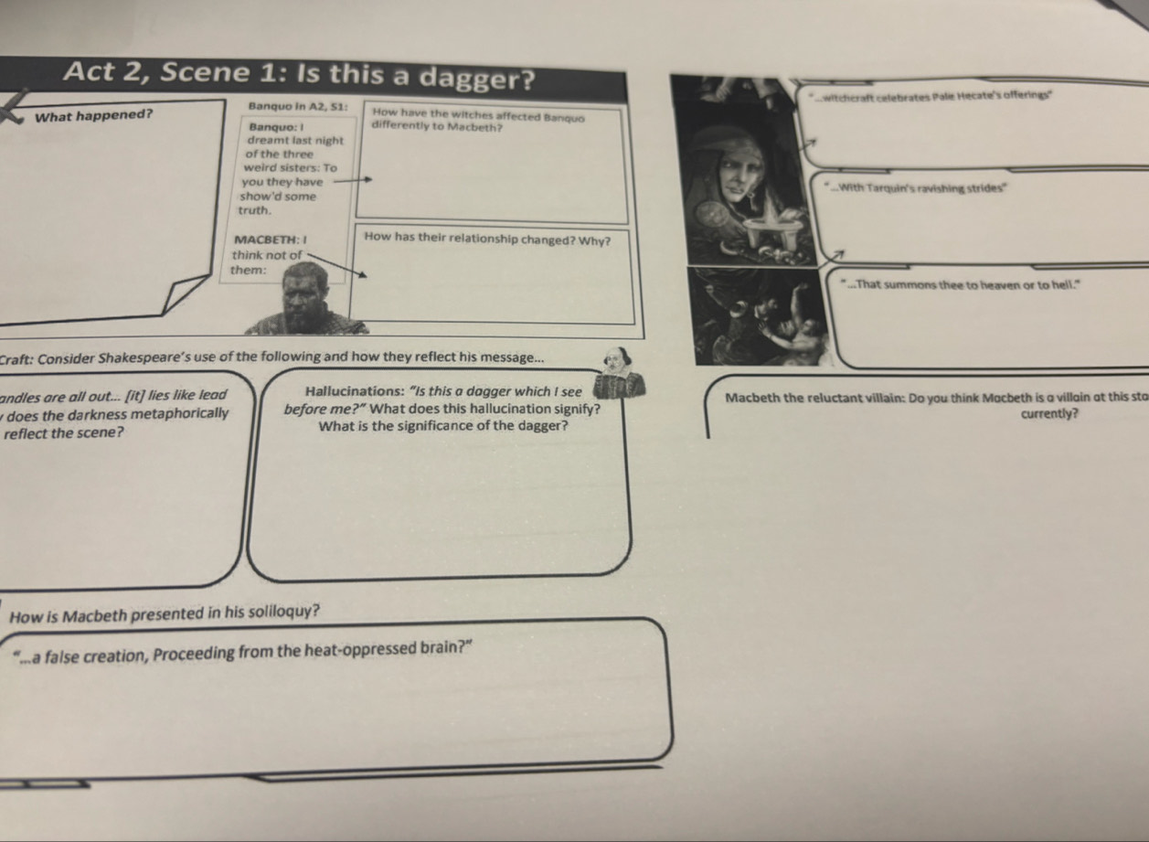 Act 2, Scene 1: Is this a dagger? 
'''witchcraft celebrates Pale Hecate's offerings' 
What happened? 
Banquo in A2, S1: How have the witches affected Banquo 
Banquo: I differently to Macbeth? 
dreamt last night 
of the three 
weird sisters: To 
you they have '.With Tarquin's ravishing strides" 
show'd some 
truth. 
MACBETH: I How has their relationship changed? Why? 
think not of 
them: 
...That summons thee to heaven or to hell." 
Craft: Consider Shakespeare’s use of the following and how they reflect his message... 
andles are all out... [it] lies like lead Hallucinations: “Is this a døgger which I see Macbeth the reluctant villain: Do you think Mocbeth is a villoin at this sto 
does the darkness metaphorically before me ?'' What does this hallucination signify? 
reflect the scene? What is the significance of the dagger? currently? 
How is Macbeth presented in his soliloquy? 
a false creation, Proceeding from the heat-oppressed brain?”