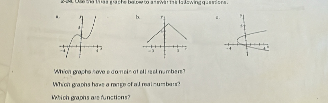 2-34 . Use the three graphs below to answer the following questions. 
b.
y c.
4
- 3 3
Which graphs have a domain of all real numbers? 
Which graphs have a range of all real numbers? 
Which graphs are functions?