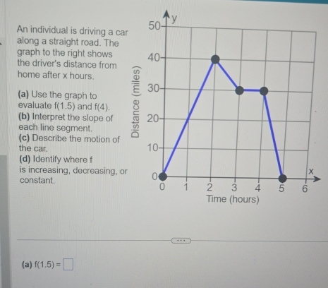 An individual is driving a car 
along a straight road. The 
graph to the right shows 
the driver's distance from 
home after x hours. 
(a) Use the graph to 
evaluate f(1.5) and f(4). 
(b) Interpret the slope of 
each line segment. 
(c) Describe the motion of 
the car. 
(d) Identify where f
is increasing, decreasing, or 
constant. 
(a) f(1.5)=□