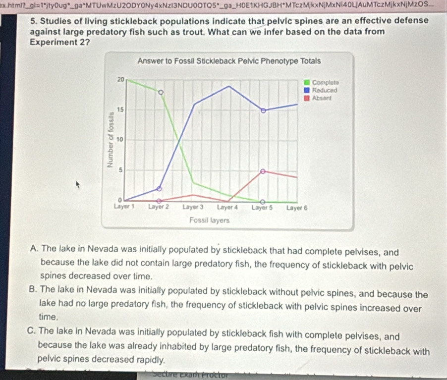 ex.html?_ gl=1°jty0ug *_ga*MTUwMzU2ODY0Ny4xNzI3NDU0OTQ5*_ga_H0E1KHGJBH*MTczMjkxNjMxNi40LjAuMTczMjkxNjMzOS...
5. Studies of living stickleback populations indicate that pelvic spines are an effective defense
against large predatory fish such as trout. What can we infer based on the data from
Experiment 2?
A. The lake in Nevada was initially populated by stickleback that had complete pelvises, and
because the lake did not contain large predatory fish, the frequency of stickleback with pelvic
spines decreased over time.
B. The lake in Nevada was initially populated by stickleback without pelvic spines, and because the
lake had no large predatory fish, the frequency of stickleback with pelvic spines increased over
time.
C. The lake in Nevada was initially populated by stickleback fish with complete pelvises, and
because the lake was already inhabited by large predatory fish, the frequency of stickleback with
pelvic spines decreased rapidly.
Sectre Exam Proctor