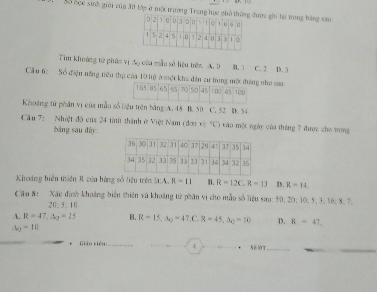 Số học sinh giới của 30 lớp ở một trường Trung hđược ghi lại trong bảng sau:
Tim khoảng tử phân vị Δ của mẫu số liệu trên. A. 0 B. 1 C. 2 D. 3
Câu 6: Số điện năng tiêu thụ của 10 hộ ở một khu dân cư trong như sau:
Khoảng tứ phân vị của mẫu số liệu trên bằng:A. 48 B. 50 C. 52 D. 54.
Câu 7: Nhiệt độ của 24 tinh thành ở Việt Nam (đơn vị: ^circ C) 6 vào một ngày của tháng 7 được cho trong
bảng sau đây:
Khoảng biển thiên R của bảng số liệu trên 1A:A.R=11 B. R=12C. R=13 D. R=14. 
Câu 8: Xác định khoảng biển thiên và khoảng tứ phân vị cho mẫu số liệu sau: 50; 20; 10; 5; 3; 16; 8; 7;
20:5:10.
A. R=47, Delta _Q=15 B. R=15, △ _Q=47;C. R=45, △ _Q=10 D. R=47.
△ _Q=10
Giáo viên:_ Số ĐT_
4
_