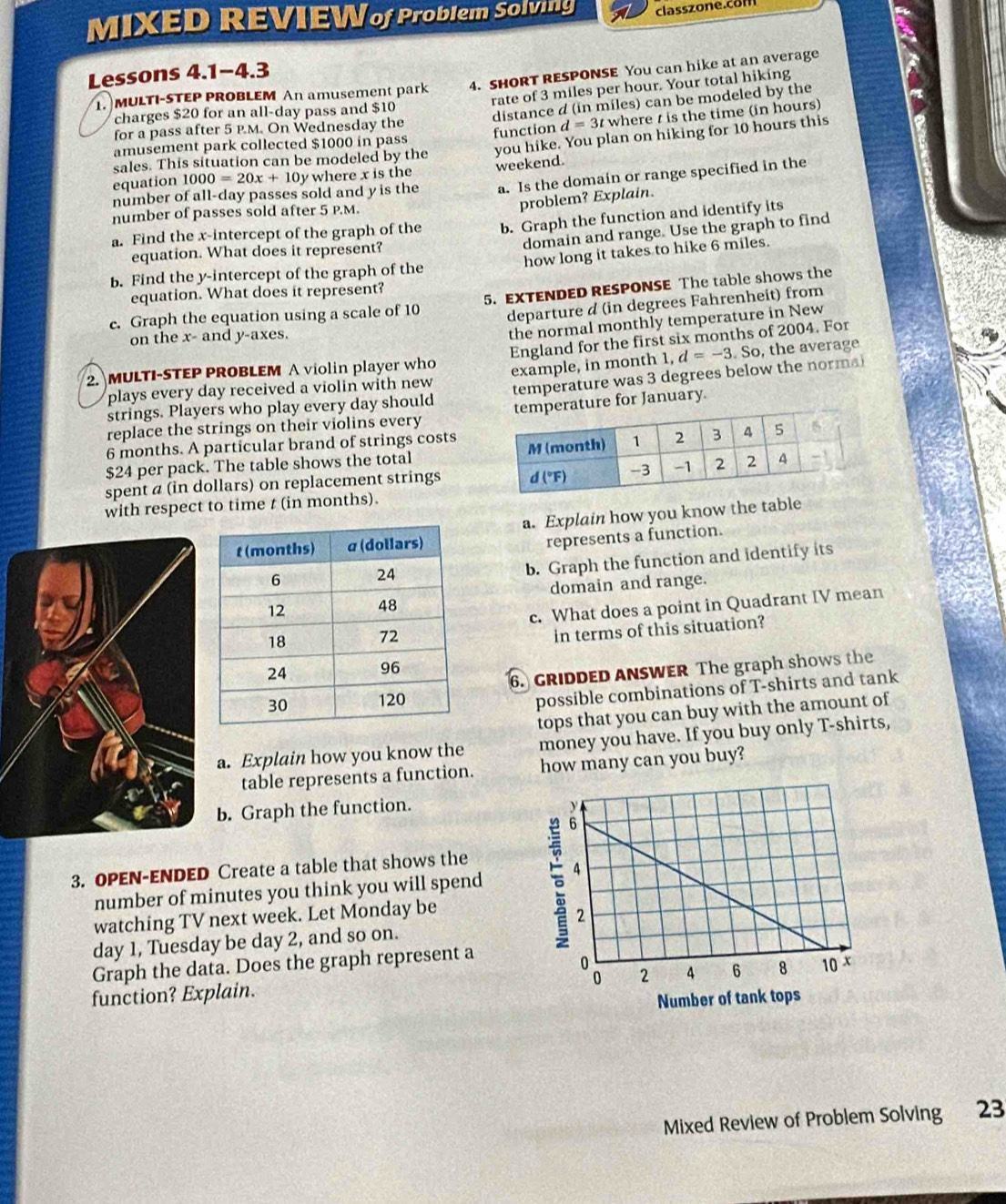 MIXED REVIEWof Problem Solving
Lessons 4.1-4.3
1.  MULTI-STEP PROBLEM An amusement park 4. SHORT RESPONSE You can hike at an average
for a pass after 5 P.M. On Wednesday the rate of 3 miles per hour. Your total hiking
charges $20 for an all-day pass and $10
distance d (in miles) can be modeled by the
function d=3t where t is the time (in hours)
sales. This situation can be modeled by the you hike. You plan on hiking for 10 hours this
amusement park collected $1000 in pass
a. Is the domain or range specified in the
equation 1000=20x+10y where x is the
number of all-day passes sold and y is the weekend.
problem? Explain.
number of passes sold after 5 P.M.
a. Find the x-intercept of the graph of the b. Graph the function and identify its
domain and range. Use the graph to find
equation. What does it represent?
b. Find the y-intercept of the graph of the how long it takes to hike 6 miles.
equation. What does it represent?
e. Graph the equation using a scale of 10 5. EXTENDED RESPONSE The table shows the
departure d (in degrees Fahrenheit) from
on the x- and y-axes.
the normal monthly temperature in New
2. MULTI-STEP PROBLEM A violin player who England for the first six months of 2004. For
plays every day received a violin with new example, in month 1, d=-3.So , the average
strings. Players who play every day should temperature was 3 degrees below the norma)
replace the strings on their violins every ature for January.
6 months. A particular brand of strings costs
$24 per pack. The table shows the total 
spent a (in dollars) on replacement strings
with respect to time t (in months).
a. Explain how you know the table
represents a function.
b. Graph the function and identify its
domain and range.
c. What does a point in Quadrant IV mean
in terms of this situation?
6. GRIDDED ANSWER The graph shows the
possible combinations of T-shirts and tank
tops that you can buy with the amount of
a. Explain how you know the money you have. If you buy only T-shirts,
table represents a function. how many can you buy?
b. Graph the function.
3. OPEN-ENDED Create a table that shows the
number of minutes you think you will spend 
watching TV next week. Let Monday be
day 1, Tuesday be day 2, and so on.
Graph the data. Does the graph represent a
function? Explain.
Mixed Review of Problem Solving 23