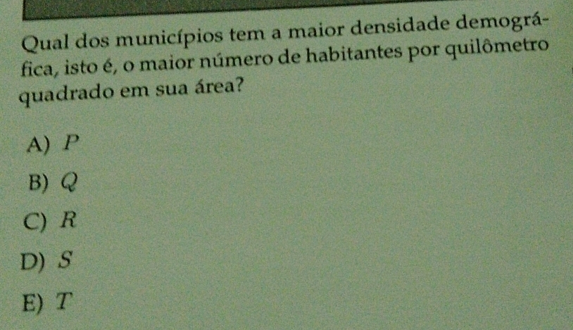 Qual dos municípios tem a maior densidade demográ-
fica, isto é, o maior número de habitantes por quilômetro
quadrado em sua área?
A) P
B) Q
C) R
D) S
E) T