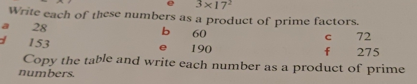 3* 17^2
Write each of these numbers as a product of prime factors. 
a 28 b 60 C 72
153 e 190
fù 275
Copy the table and write each number as a product of prime 
numbers.