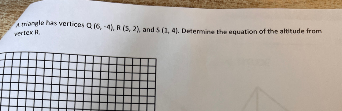 A triangle has vertices 
vertex R. Q(6,-4), R(5,2) , and S(1,4). Determine the equation of the altitude from