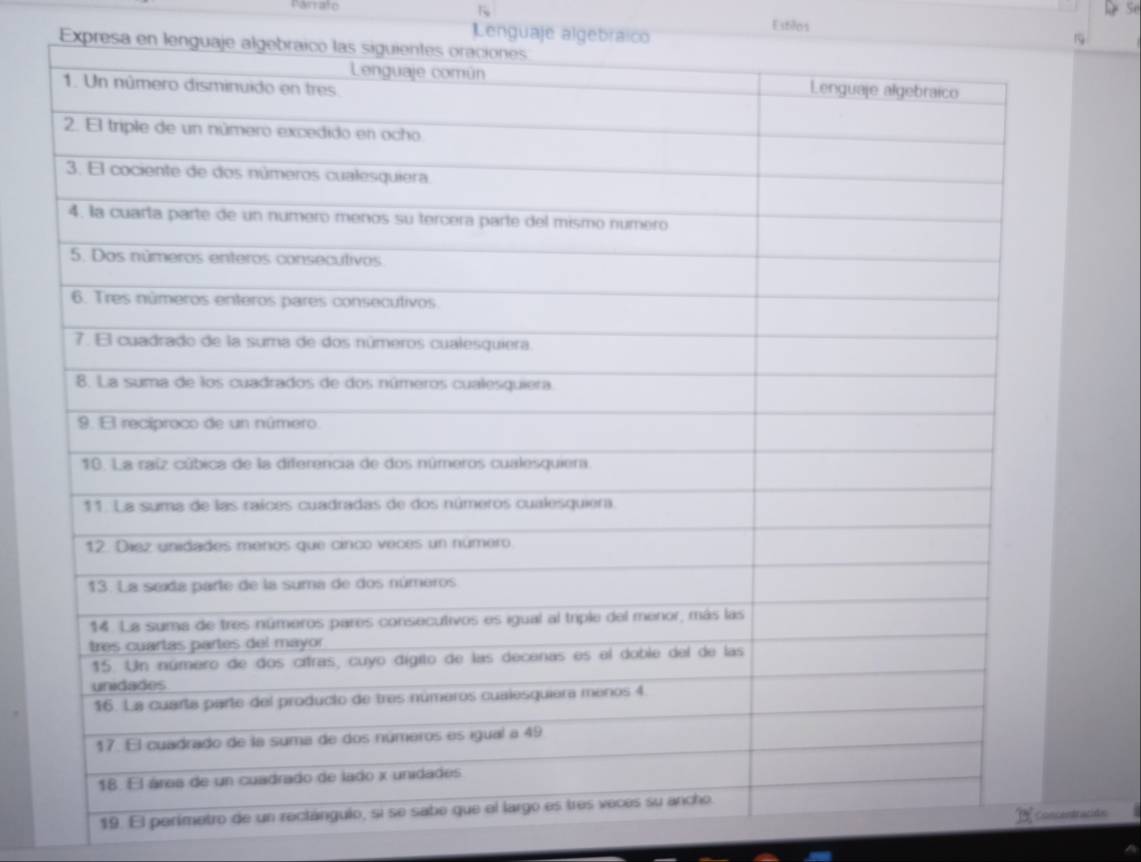 Parrato Estilos 
Lenguaje algebraico 
Expresa en lenguaje alge 
19. El perímetro de 
dn