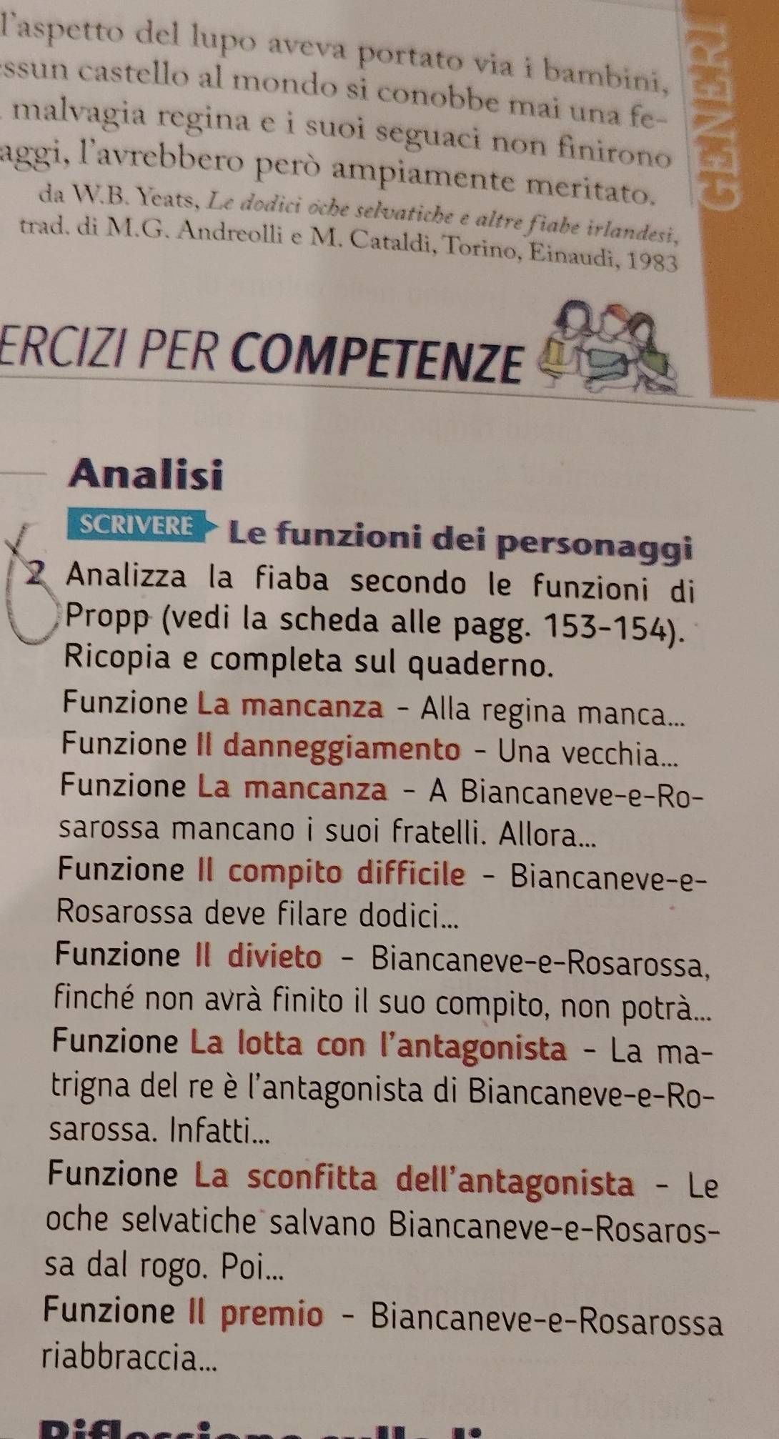 Taspetto del lupo aveva portato via i bambini, 
essun castello al mondo si conobbe mai una fe- 
malvagia regina e i suoi seguaci non finirono 
aggi, l'avrebbero però ampiamente meritato. 
da W.B. Yeats, Le dodici öche selvatiche e altre fiabe irlandesi, 
trad. di M.G. Andreolli e M. Cataldi, Torino, Einaudi, 1983 
ERCIZI PER COMPETENZE 
Analisi 
SCRIVERE Le funzioni dei personaggi 
2 Analizza la fiaba secondo le funzioni di 
Propp (vedi la scheda alle pagg. 153- 154). 
Ricopia e completa sul quaderno. 
Funzione La mancanza - Alla regina manca... 
Funzione II danneggiamento - Una vecchia... 
Funzione La mancanza - A Biancaneve-e-Ro- 
sarossa mancano i suoi fratelli. Allora... 
Funzione II compito difficile - Biancaneve-e- 
Rosarossa deve filare dodici... 
Funzione II divieto - Biancaneve-e-Rosarossa, 
finché non avrà finito il suo compito, non potrà... 
Funzione La lotta con l'antagonista - La ma- 
trigna del re è l'antagonista di Biancaneve-e-Ro- 
sarossa. Infatti... 
Funzione La sconfitta dell'antagonista - Le 
oche selvatiche salvano Biancaneve-e-Rosaros- 
sa dal rogo. Poi... 
Funzione II premio - Biancaneve-e-Rosarossa 
riabbraccia...